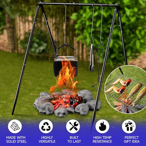 Vista 6 de Bruntmor - Soporte de cocina para fogata, parrilla para utensilios de cocina, horno holandés Bruntmor patas plegables ajustables con ganchos