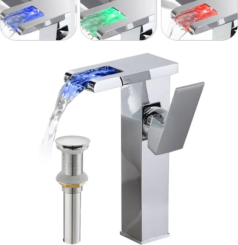 Vista 12 de Grifo de baño con luz LED RGB, boquilla de cascada, color negro, 3 colores cambiantes, mango de un agujero, conjunto de drenaje a juego