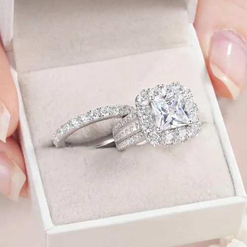 Vista 6 de Sheloves - Juego de anillos de compromiso de boda con halo de princesa AAAAA CZ para mujer, plata de ley 925 5-10