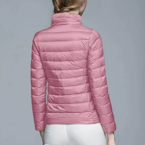 Vista 4 de Chaqueta acolchada plegable para mujer, ligera, de invierno, corta, de plumón, de pato, ajuste delgado, con cremallera, con capucha