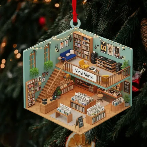 Vista 16 de Adorno de Disco de Vinilo Retro Personalizado 2025, Adorno de Músico Personalizado para Amantes de la Música, Decoración de Árbol de Navidad