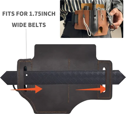 Vista 3 de Funda multiherramienta de cuero auténtico EDC para cinturón, bolsa organizadora de bolsillo EDC, hecha a mano con 3 bolsillos para linternas