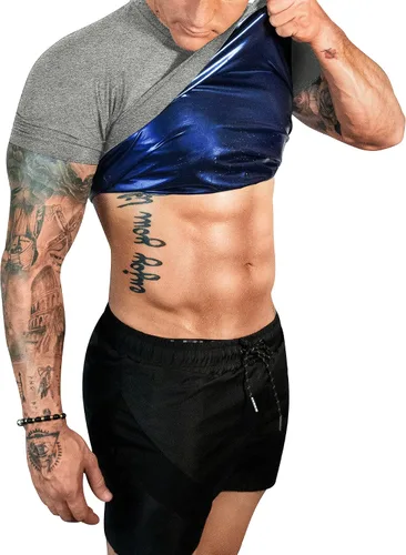 Vista 9 de FUXERT - Camisa de sauna para hombre, traje de sudor para gimnasio, ejercicio, camisa de compresión, ropa de entrenamiento moldeadora Negro/Dorado