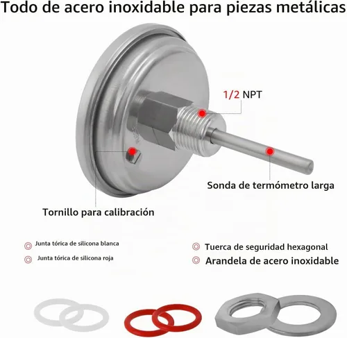 Vista 3 de Ferroday Termómetro de acero inoxidable con contratuerca, arandela plana, Junta en O, 0-220° para hervidor de agua