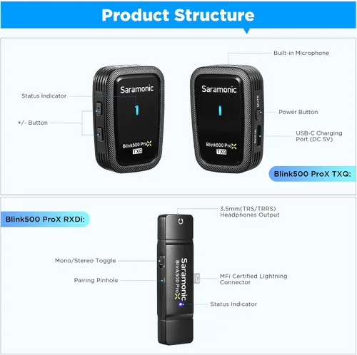 Vista 6 de Saramonic Blink500 Prox - Micrófono inalámbrico Lavalier para iPhone, rango de 164 pies, micrófono inalámbrico para iPhone