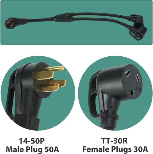 Vista 2 de Enchufe macho de 50 amperios 14-50P a dos 30 amperios TT-30R hembra RV Y cable adaptador con mango de agarre para caravana, remolque, cámper