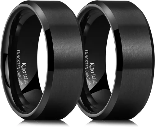 Vista 11 de King Will Anillo de tungsteno para hombres de King Will - Disponible en 6 mm a 10 mm, negro/plata, acabado mate, borde biselado pulido, ajuste