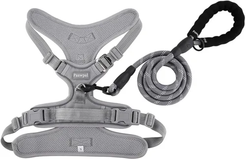 Vista 11 de Arnés ajustable para perro, sin tirones, reflectante, acolchado suave para perros pequeños, medianos y grandes, incluye correa y collar, beige, XS