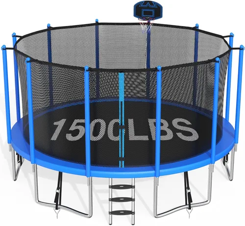 Vista 9 de Trampolín de 1500 libras de 8, 10, 12, 14, 15, 16 pies para adultos/niños con red de seguridad, aro de baloncesto, pelota, estacas y escalera