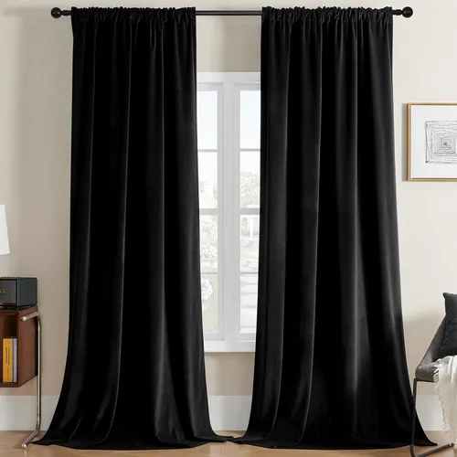 Vista 29 de Joydeco Cortinas de terciopelo negro de 63 pulgadas de largo, 2 paneles, cortinas opacas de lujo con bolsillo para barra, cortinas de ventana