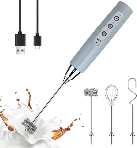 Vista 40 de YUSWKO Baby Blue - Varita espumadora de leche de mano para café, batidor eléctrico recargable con 3 cabezales, 3 velocidades, mezclador de bebidas