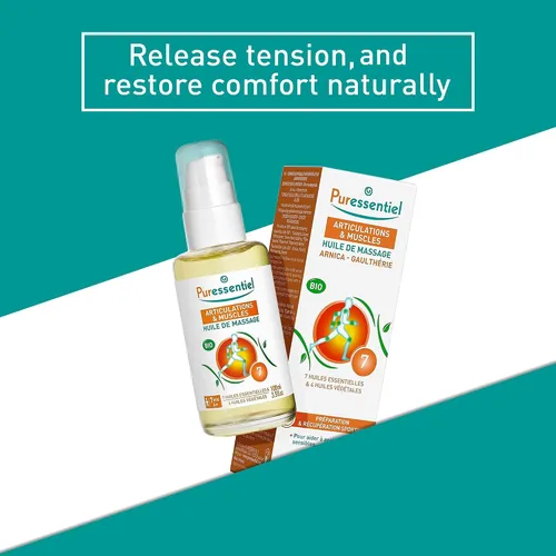 Vista 4 de Puressentiel Aceite de masaje orgánico relajante muscular con árnica y gaulteria – Aceite de aromaterapia para tensión muscular – Sin alcohol, a