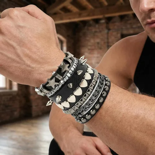 Vista 4 de 5 pulseras punk con tachuelas para mujeres y hombres, pulseras de remaches de metal de estilo alternativo de rock, juego de joyería hip hop