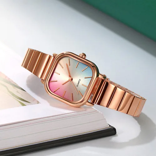 Vista 3 de Womens Ladies' Ultra Thin Watch with Rainbow Gradient Dial Gold-Tone Square Case and Bracelet Quartz Movement