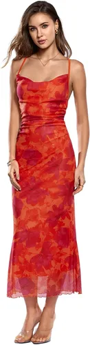 Vista 26 de SOLY HUX Vestido de malla floral para mujer, vestido largo para cóctel Estampado floral multicolor.