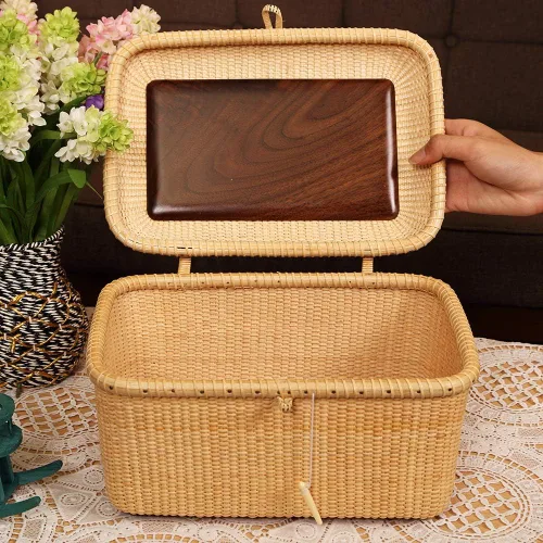 Vista 5 de Nantucket cestas, Rectangular tejido a mano de ratán cesta de almacenamiento con tapa para estantes y cajas para el hogar para organizador (L)