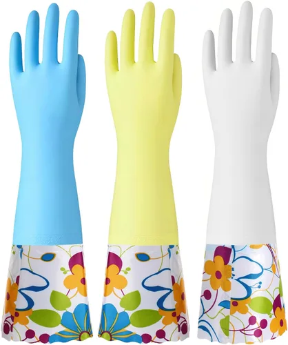 Vista 8 de Bamllum 3 pares de guantes de goma para limpieza, guantes de cocina para el hogar con forro de algodón, puño largo de 16 pulgadas, reutilizables