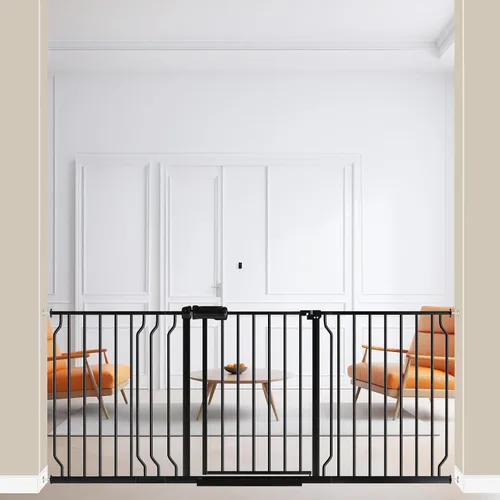 Vista 11 de ALLAIBB - Puerta de seguridad extra ancha de montaje a presión para bebés, autocierre, de metal blanco para niños, perros y mascotas, con pasillo