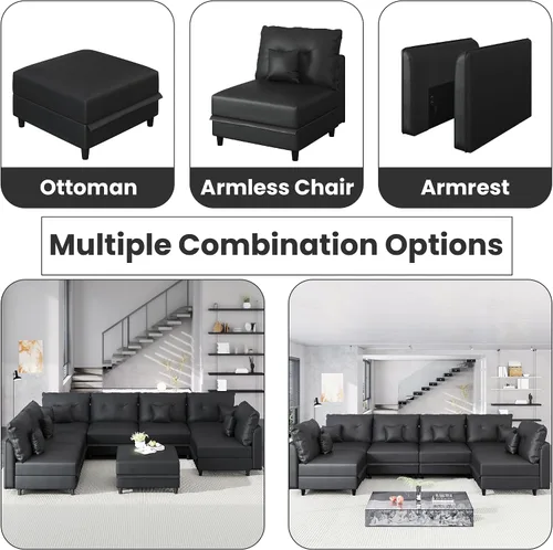 Vista 4 de LLappuil Sofá de piel sintética para sofá de apoyabrazos laterales para personalizar sofá modular seccional, impermeable, negro