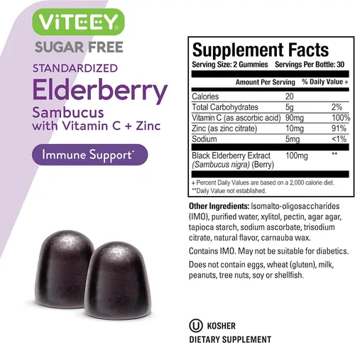 Vista 4 de Viteey Sambucus - Gomitas de saúco para adultos y adolescentes + zinc y vitamina C Sugar Free - Immune Support & Booster Herbal Supplement