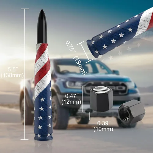 Vista 2 de Antena para Auto Camión con Tapas de Válvula de Neumático Bandera Americana Diseño Antirrobo, Reemplazo Corto Universal para Ford F150 F250 F350