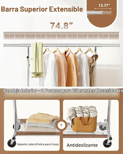 Vista 7 de Hoctieon Perchero de montaje de 1 minuto, 480 libras, percheros de ropa rodantes resistentes con ruedas, perchero plegable para ropa, barra Plata
