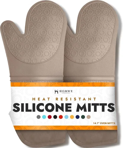 Vista 37 de HOMWE - Manopla de horno profesional y extralarga de silicona, guantes con forro acolchado, agarraderas resistentes al calor, guantes flexibles