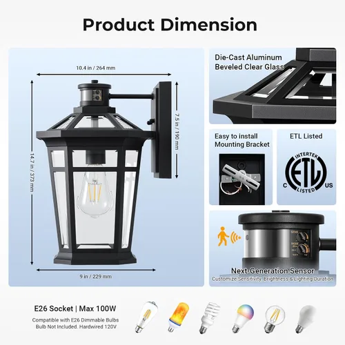 Vista 7 de VIANIS Luces exteriores grandes con sensor de movimiento negro, rango de detección ajustable, accesorios de iluminación exterior de aluminio