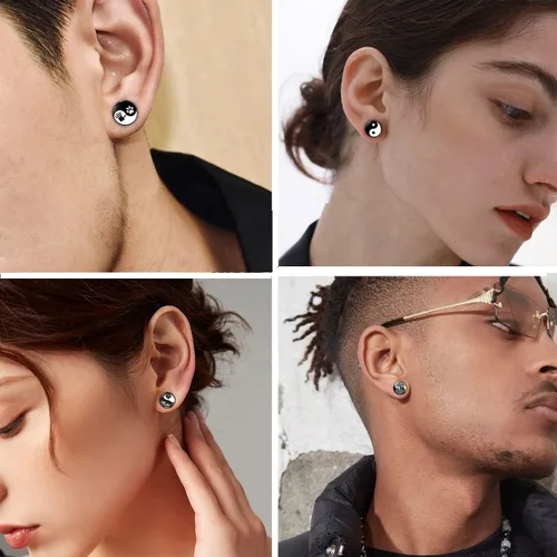 Vista 2 de YCL&TXL Juego de 6 pares de aretes de acero inoxidable con patrón Yin y Yang para hombre, redondos, color negro, 0.394 in, Acero inoxidable, No es