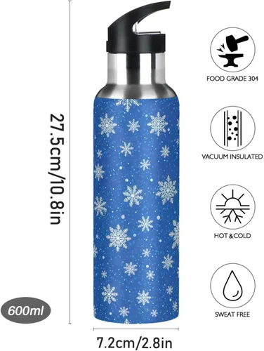 Vista 9 de White Snowflakes Blue Stainless Steel Vacuum Insulated Water Bottle 20 Oz Leakproof Water Bottles, BPA-Free Sport Water Bottle Insulated