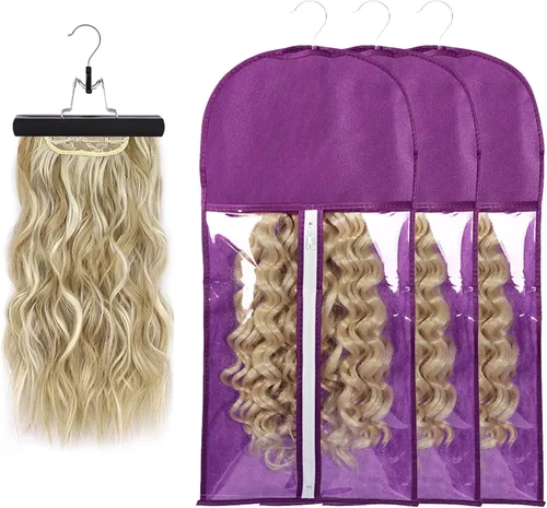 Vista 14 de Bolsas de almacenamiento para peluca con colgador: 3 piezas de extensiones de cabello, ganchos para extensiones de cabello (negro)