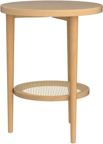 Vista 5 de Nathan James Sonia - Mesa auxiliar redonda de estilo boho, mesa lateral natural para sofá en madera clara con estante de almacenamiento de ratán