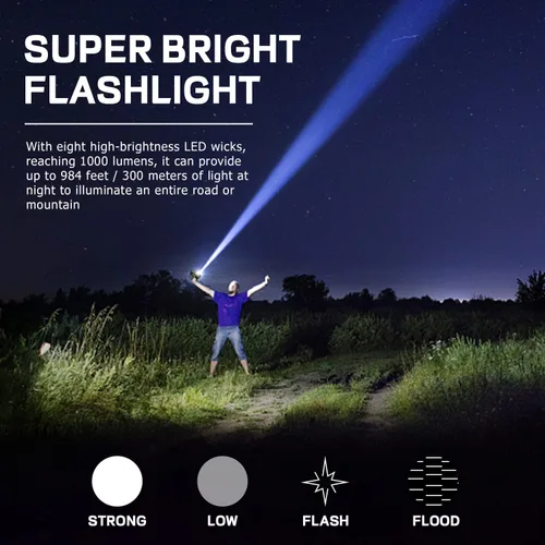 Vista 5 de Linterna Solar de 8 LED con Luz Lateral COB, 1000 Lúmenes Linternas Alimentadas por Energía Solar, Linternas de Mano Impermeables con Carga Solar