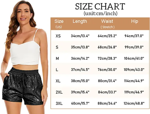 Vista 6 de PESION Pantalones cortos de lentejuelas para mujer, cintura alta, casual, holgados, acampanados, brillantes, para discoteca