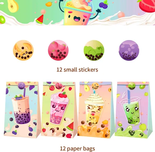 Vista 5 de 12 bolsas de fiesta de té Boba con calcomanías, recuerdos y decoraciones de fiesta de té Boba