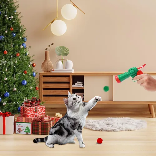 Vista 7 de Cat Toys - Lanzador de bolas – 31 piezas de juguetes interactivos de Navidad para gatos de interior, bolas festivas con bolas de pompón