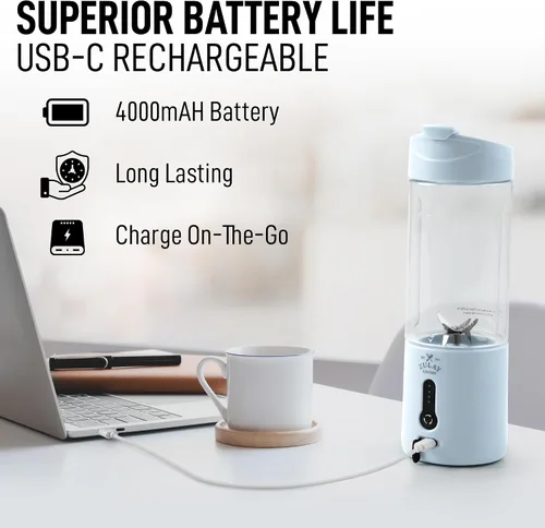 Vista 8 de Zulay Kitchen Licuadoras personales de 18 onzas que trituran el hielo, licuadora de viaje inalámbrica recargable por USB-C, licuadora portátil