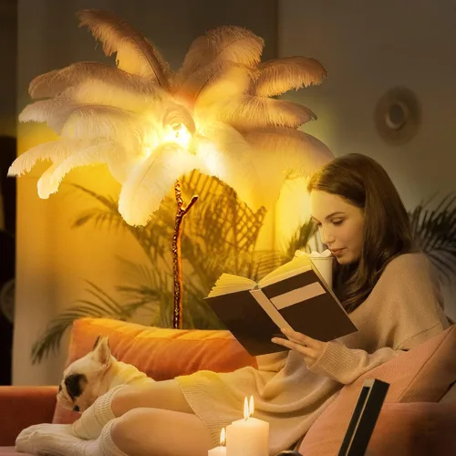 Vista 2 de Lámpara de Pie Natural de Pluma de Avestruz, Lámpara de Pie LED Moderna Regulable, Lámpara de Rincón Romántica de Princesa para Dormitorio