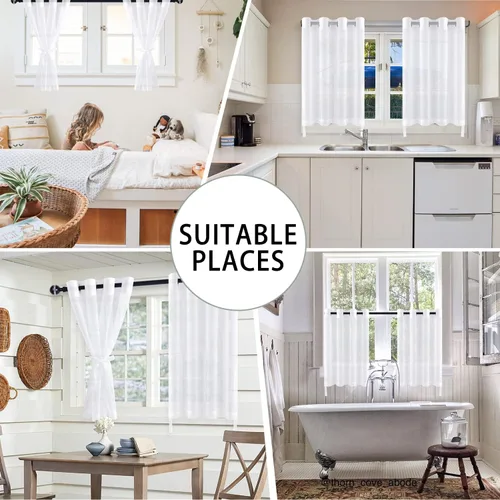 Vista 5 de Hiasan - Cortinas traslúcidas de gasa cortas semitransparentes con ojales y alzapaños filtrantes de luz para ventana, dormitorio, baño, 2 paneles