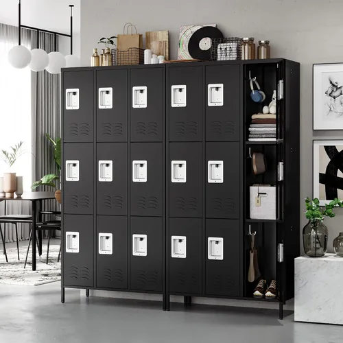 Vista 2 de STANI Taquillas de metal para empleados con cerradura, armario de almacenamiento de acero de 9 puertas altas con estantes, gabinete de acero