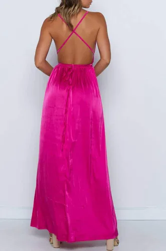 Vista 4 de Yimeili vestido largo de fiesta para mujer vestido de cóctel sexy satinado con cuello en V profundo espalda descubierta y abertura 30colores S-XXL