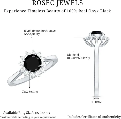 Vista 5 de Anillo de compromiso de ónix negro de 1.25 quilates con halo de diamantes, anillo de compromiso de ónix negro para mujer