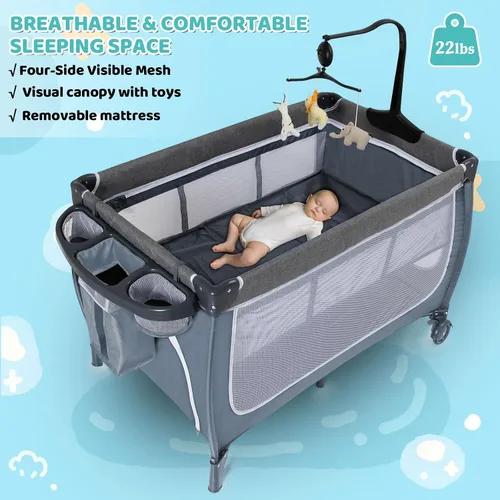 Vista 7 de SIMPLGIRL Moisés de noche para bebé, paquete 4 en 1 n P-Lay - Cuna de bebé con mosquitera, T-oys y Music B-ox, colchón, patio plegable para recién
