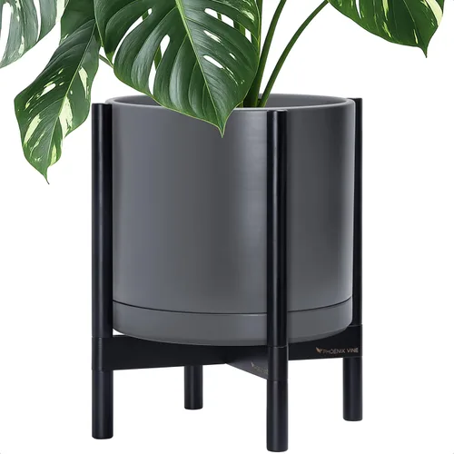 Vista 9 de D'vine Dev Maceta de cerámica con soporte de ébano – Maceta redonda moderna de 8 pulgadas con soporte para maceta de madera, color negro, 55-B-M-2