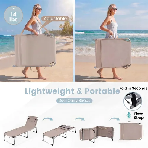 Vista 8 de Giantex Silla bronceadora, silla de playa de 330 libras con 5 posiciones ajustables, agujero para cara y brazo, correa para manos/hombros, almohada