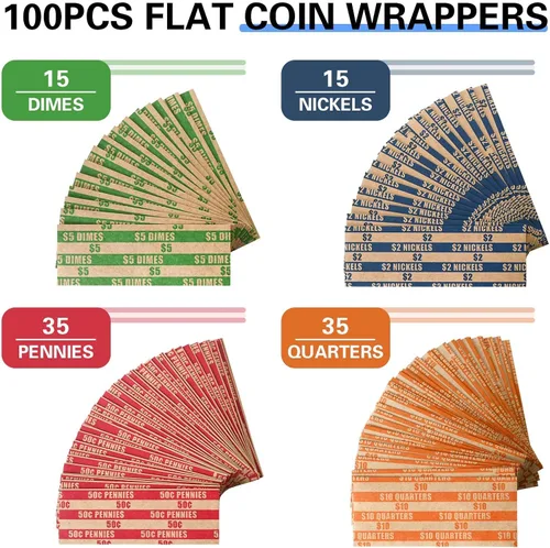 Vista 3 de ESSENTIAL 100 piezas surtidas de envoltorios planos de monedas, envoltorios de rollos de monedas para cuartos, diez centavos, cinco centavos y un