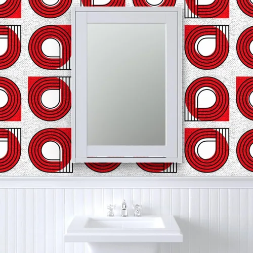 Vista 9 de Muestras de papel tapiz para despegar y pegar, Bauhaus rojo y blanco, moderno, abstracto, geométrico, círculos negros, gráfico, papel tapiz