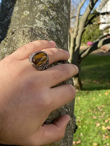 Vista 3 de KAR Anillo de ojo de tigre natural de plata esterlina estampada 925K I1B Piedra Ojo de tigre