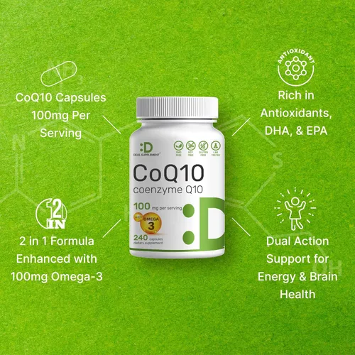 Vista 4 de DEAL SUPPLEMENT CoQ10 100mg con Omega 3 100 mg, 240 cápsulas Fórmula de coenzima Q10 biodisponible Sin OMG