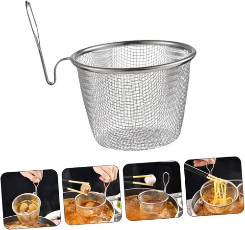 Vista 9 de Colador de pasta de acero inoxidable con mango de malla fina y herramienta de cocina para cocinar y drenar, diseño compacto para un fácil